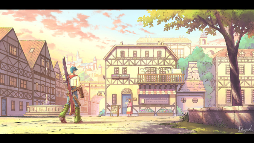 1boy, 1girl, ashley_winchester, bayonet, blue_hair, braid, brown_hair, building