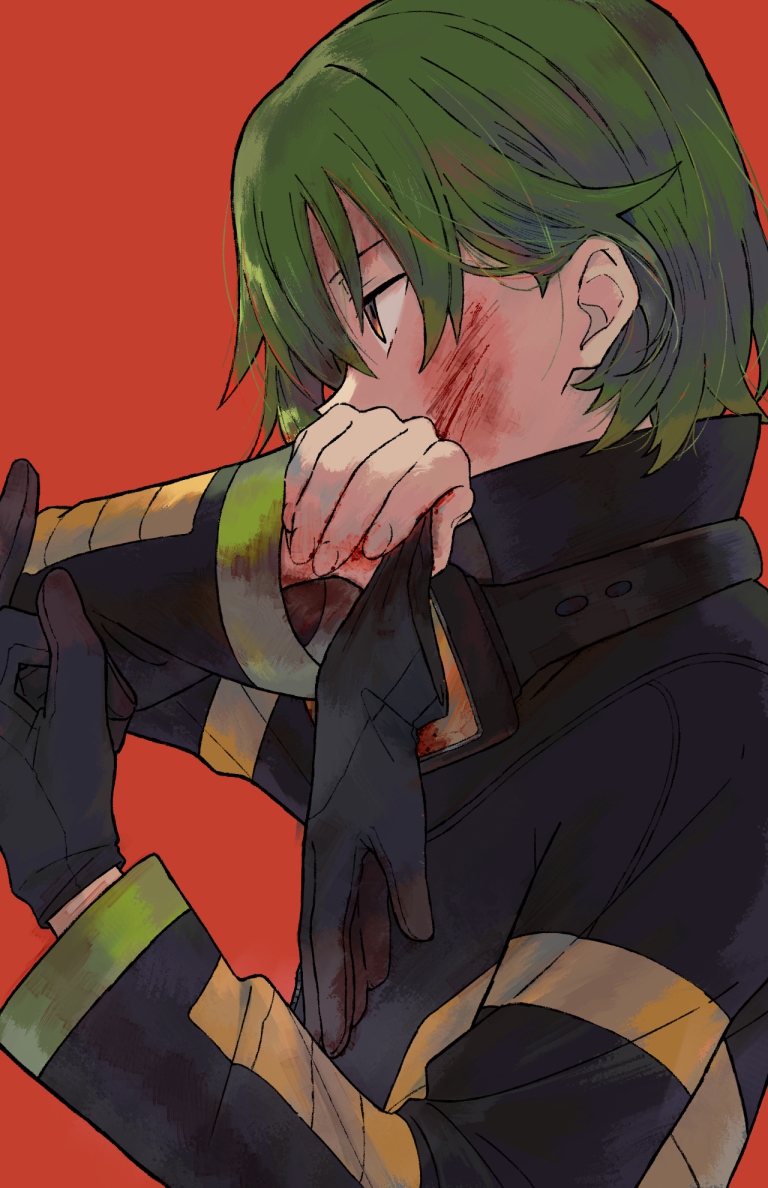 1boy, bangs, blood, blood_on_face, brown_eyes, cail_(pokemon), commentary_request, from_side, gloves, gloves_removed, green_hair, holding, holding_clothes, holding_gloves, ittumozzz, long_sleeves, male_focus, orange_background, pokemon, pokemon_(game), pokemon_colosseum, scrape, short_hair, simple_background, solo, upper_body