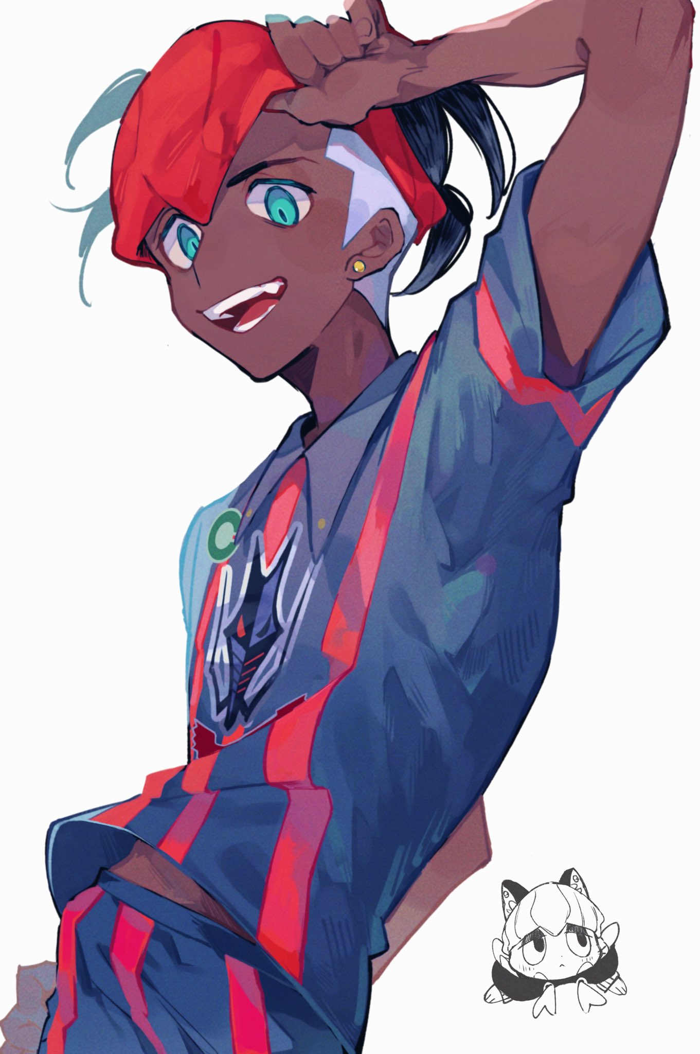 1boy, black_hair, collared_shirt, commentary_request, dark-skinned_male, dark_skin, earrings, green_eyes