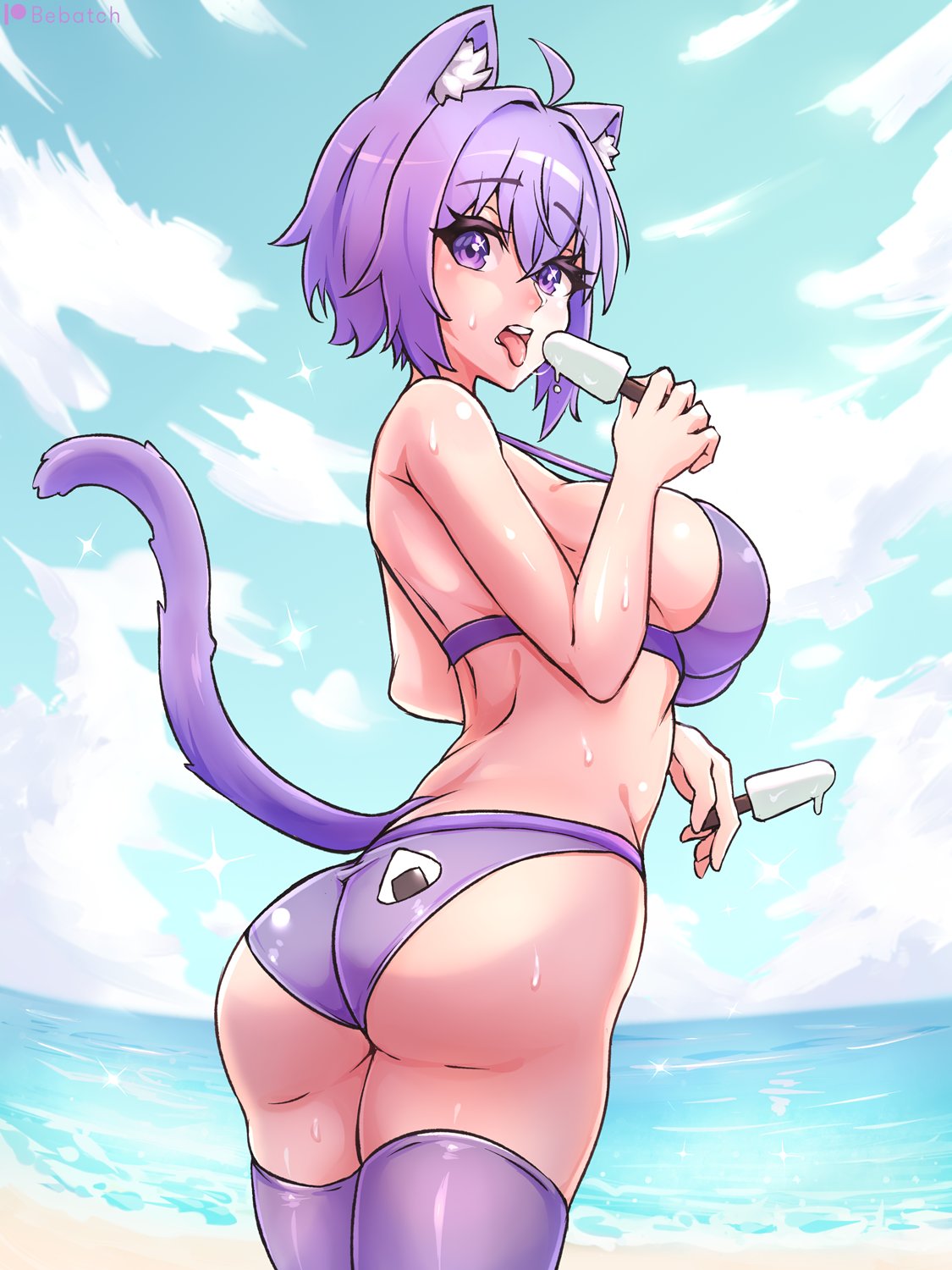 1girl, ahoge, animal_ear_fluff, animal_ears, artist_name, ass, bare_back, bare_shoulders