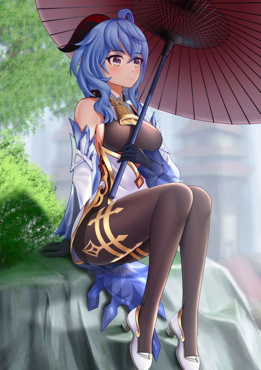 1girl, absurdres, ahoge, bangs, bare_shoulders, bell, black_gloves, blue_hair