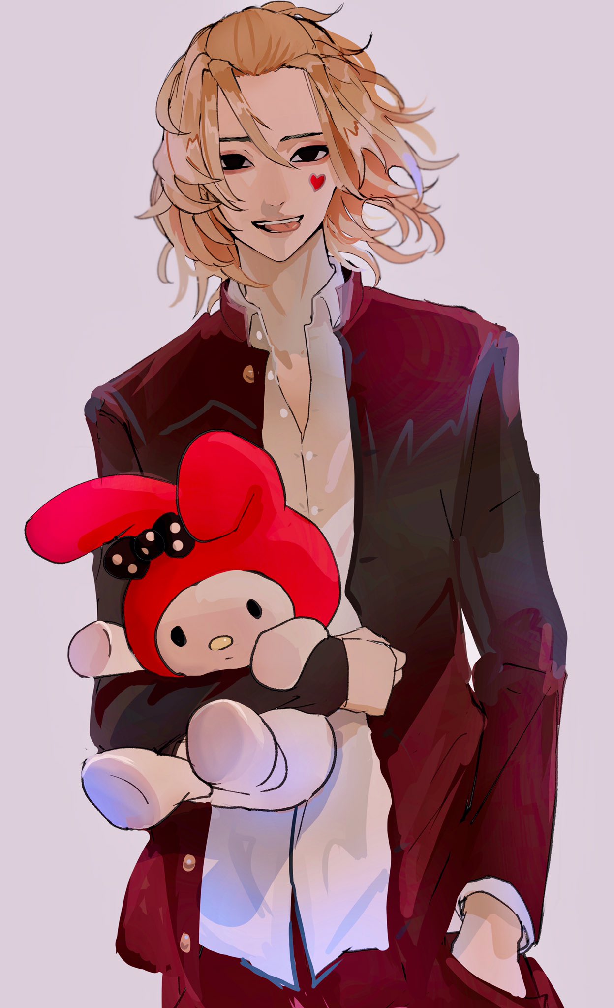 1boy, black_eyes, black_jacket, blonde_hair, collared_shirt, cowboy_shot, empty_eyes, gakuran