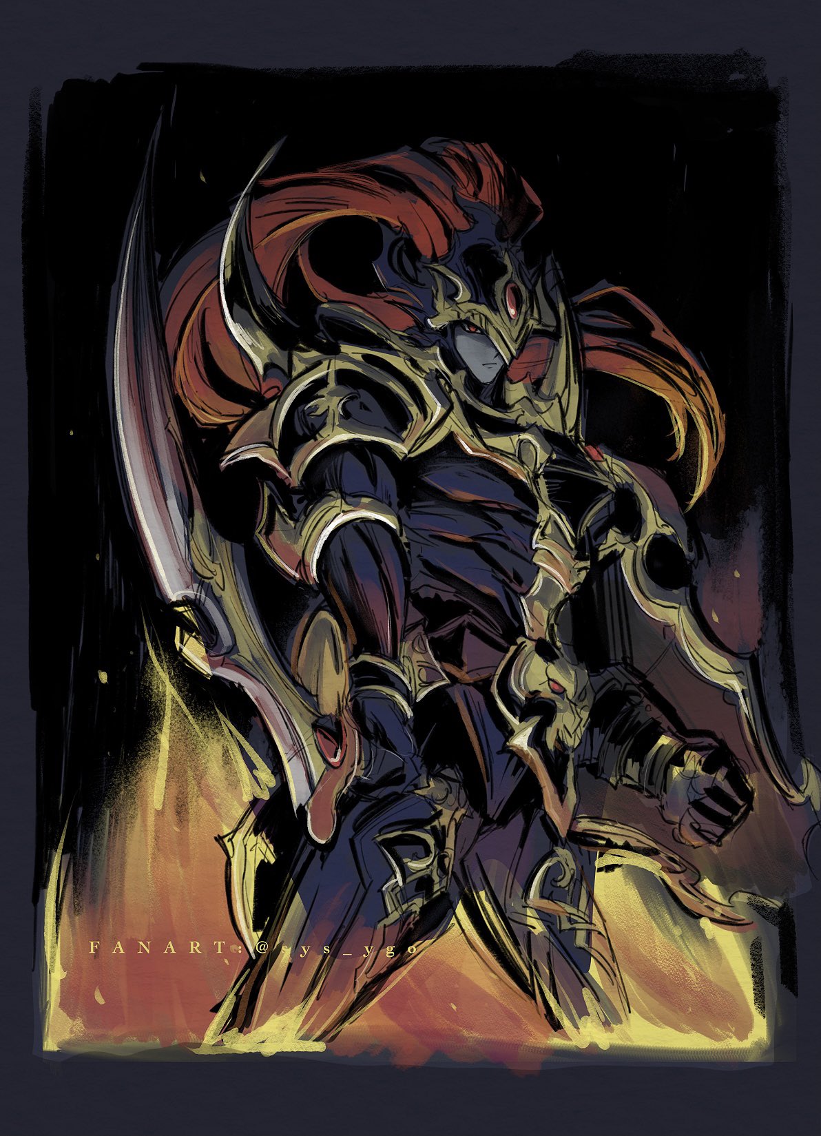 1boy, armor, black_luster_soldier, border, clenched_hand, closed_mouth, colored_skin, commentary_request