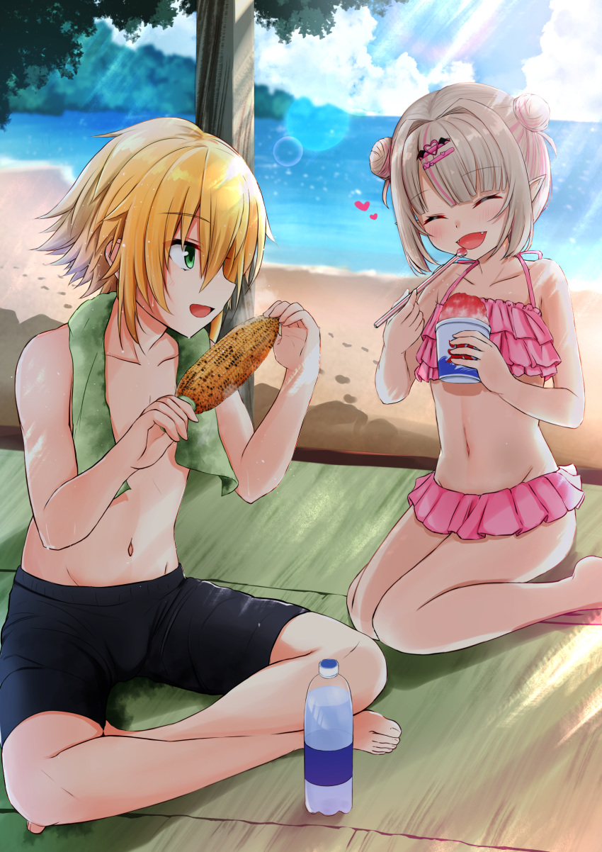 1boy, 1girl, beach, bikini, black_shorts, blonde_hair, blurry, blurry_background, bottle, closed_eyes, corn, crossed_legs, cup, demon_girl, ex_idol, eyebrows_visible_through_hair, fang, food, footprints, frilled_bikini, frills, green_eyes, green_towel, grilled_corn, hair_ornament, hairclip, halterneck, heart, highres, holding, holding_cup, holding_food, holding_spoon, makaino_ririmu, male_swimwear, navel, nijisanji, ocean, on_ground, open_mouth, pink_bikini, pointy_ears, profile, shaved_ice, short_hair, shorts, sitting, spoon, swim_trunks, swimsuit, towel, towel_around_neck, uzuki_kou, virtual_youtuber, wariza, water_bottle