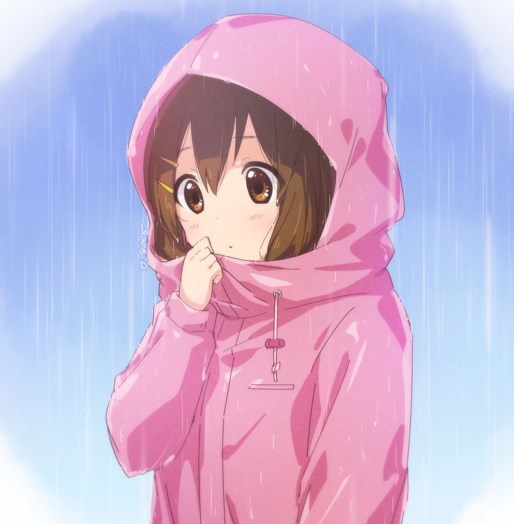 1girl, atu, bangs, blue_background, blush, brown_eyes, brown_hair, commentary_request