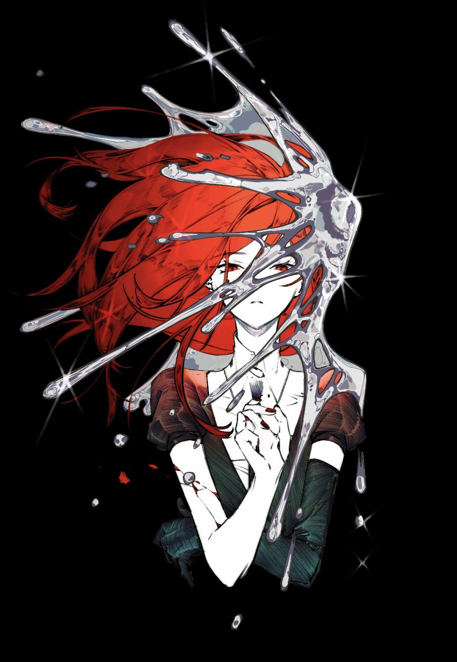 1other, androgynous, black_background, cinnabar_(houseki_no_kuni), commentary, cracked_skin, crystal_hair, elbow_gloves