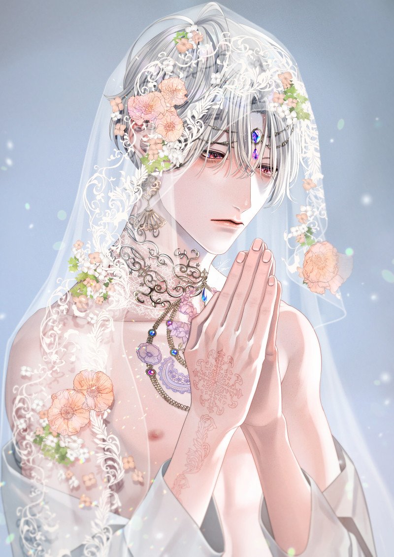 1boy, floral_print, flower, grey_hair, hair_ornament, jewelry, kurakichi36, necklace