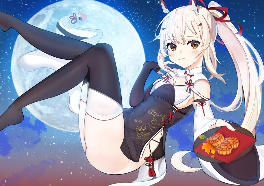 1girl, :3, absurdres, ass, asymmetrical_sleeves, ayanami_(azur_lane), ayanami_(lunar_demon_god)_(azur_lane), azur_lane, bangs, black_legwear, china_dress, chinese_clothes, clouds, cloudy_sky, commentary_request, detached_sleeves, dress, eyebrows_visible_through_hair, full_moon, hair_between_eyes, hair_ornament, hairclip, highres, holding, holding_plate, long_hair, looking_at_viewer, mismatched_sleeves, moon, mooncake, night, night_sky, orange_eyes, plate, ponytail, retrofit_(azur_lane), side_slit, sidelocks, silver_hair, sitting, sky, smile, solo, star_(sky), starry_sky, thigh-highs, wide_sleeves, yakiimo_imo