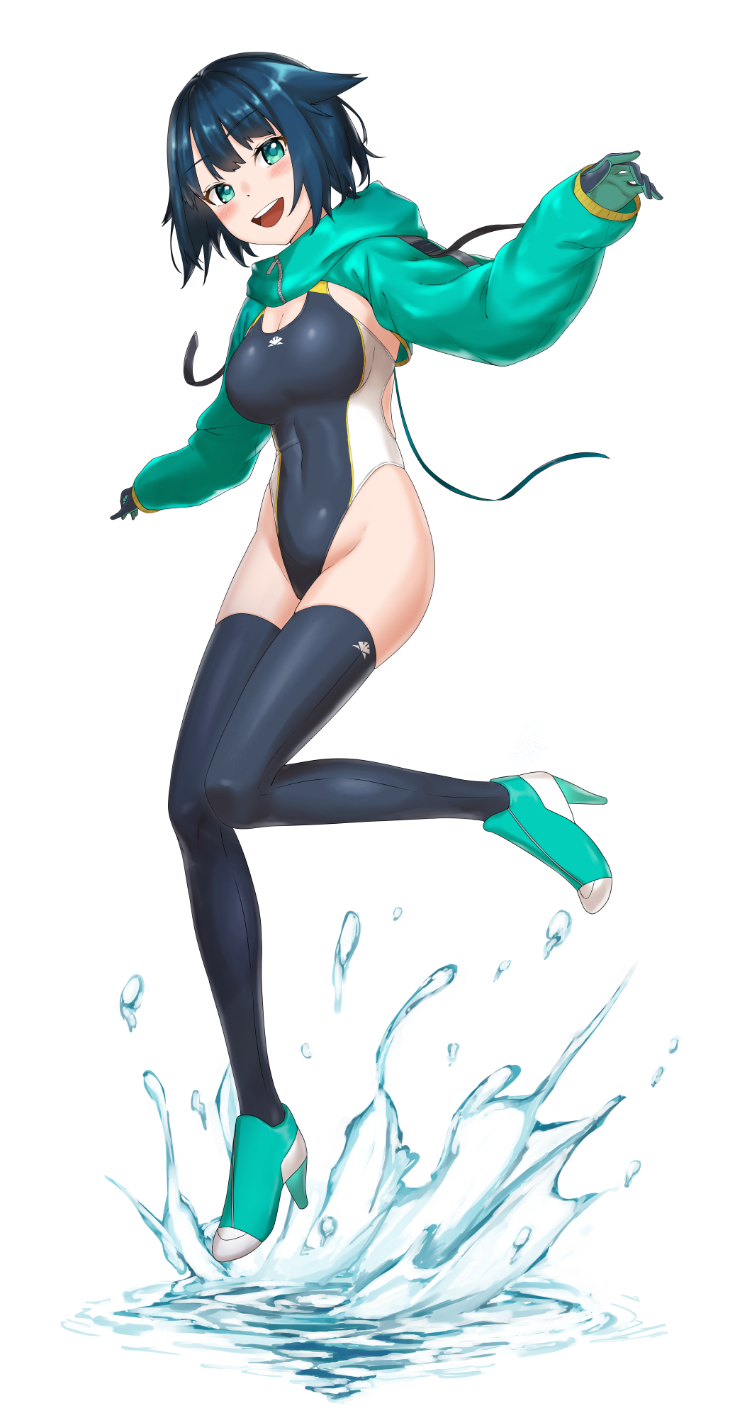 1girl, black_gloves, black_hair, black_legwear, black_swimsuit, boots, commentary_request, competition_swimsuit, drawstring, fukami_nana, full_body, gloves, green_footwear, green_jacket, hair_flaps, highleg, highleg_swimsuit, highres, hood, hooded_jacket, hoodie, jacket, looking_at_viewer, nawoto_oota, one-piece_swimsuit, open_clothes, open_jacket, original, short_hair, simple_background, solo, splashing, swimsuit, thigh-highs, water, white_background