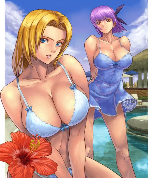 2girls, ayane, ayane_(doa), bikini, blonde_hair, blue_eyes, breasts, cleavage