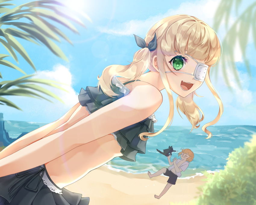 1boy, 1girl, bangs, beach, blonde_hair, blunt_bangs, cat, cocolatte_umu, eyelashes, eyepatch, green_eyes, highres, indie_virtual_youtuber, looking_at_viewer, low_twintails, medical_eyepatch, open_mouth, second-party_source, shio_tatsumi, sky, swimsuit, tree, twintails, virtual_youtuber