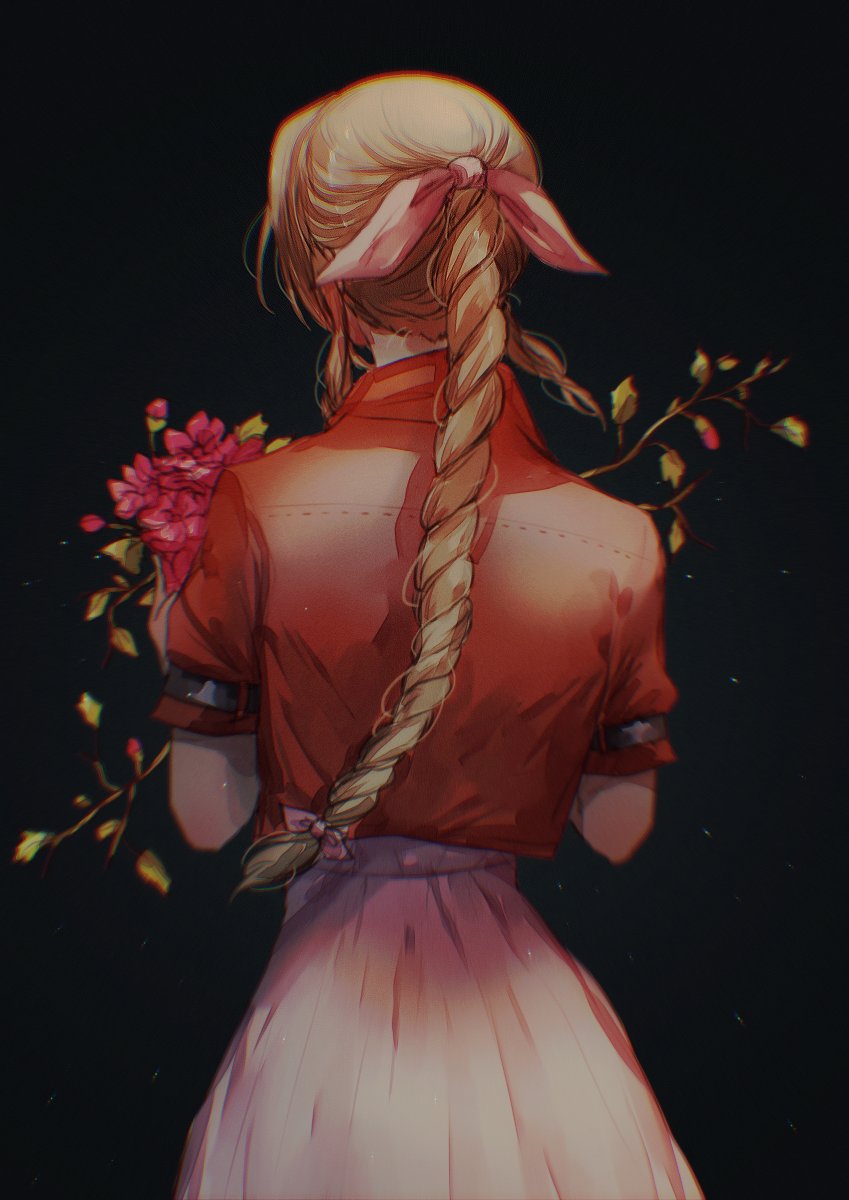 1girl, aerith_gainsborough, black_background, bouquet, brown_hair, facing_away, female, final_fantasy