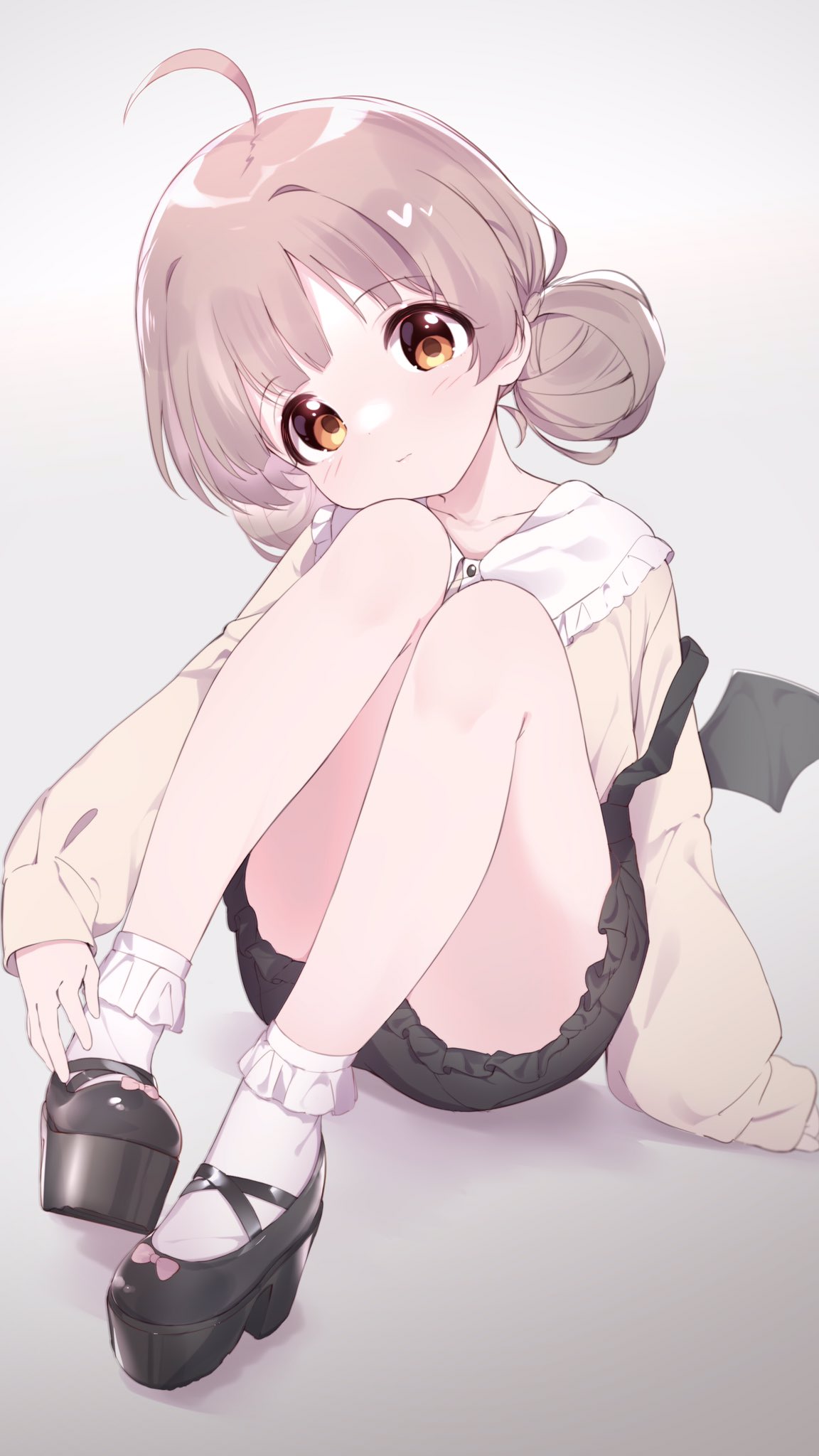 1girl, :t, ahoge, alternate_costume, alternate_hairstyle, bare_legs, beige_shirt, black_skirt