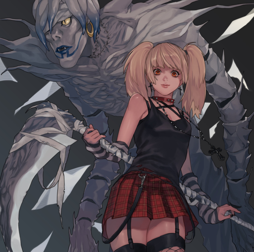 1girl, amane_misa, bandages, bare_shoulders, black_background, black_nails, black_shirt, blonde_hair