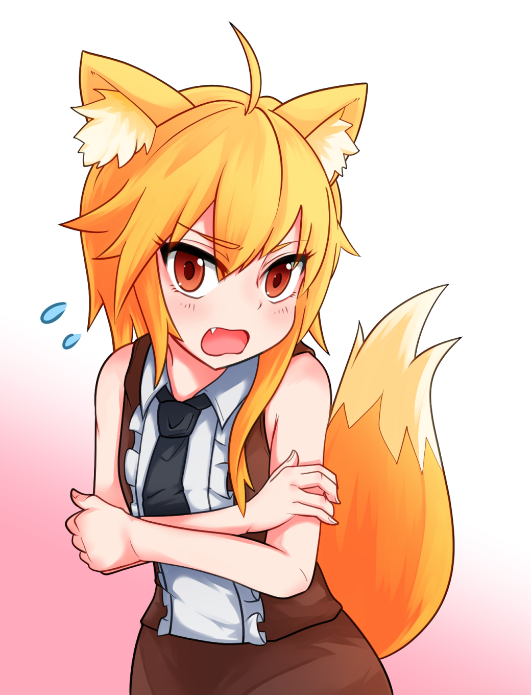 1girl, animal_ear_fluff, animal_ears, asymmetrical_hair, bangs, bare_shoulders, black_neckwear, blonde_hair, blush, breasts, brown_eyes, brown_skirt, brown_vest, collared_shirt, commentary_request, cookie_(touhou), cowboy_shot, eyebrows_visible_through_hair, fang, flying_sweatdrops, fox_ears, fox_girl, fox_tail, highres, long_hair, looking_at_viewer, miramikaru_riran, necktie, open_mouth, pink_background, shirt, short_sleeves, sidelocks, skirt, sleeveless, sleeveless_shirt, small_breasts, solo, tail, vest, white_shirt, yan_pai