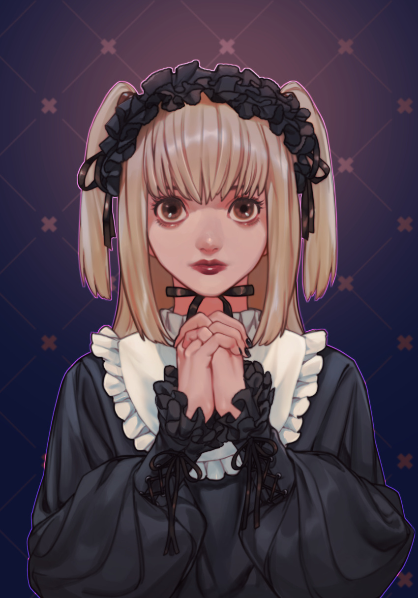1girl, amane_misa, bangs, black_dress, black_ribbon, blonde_hair, brown_eyes, choker