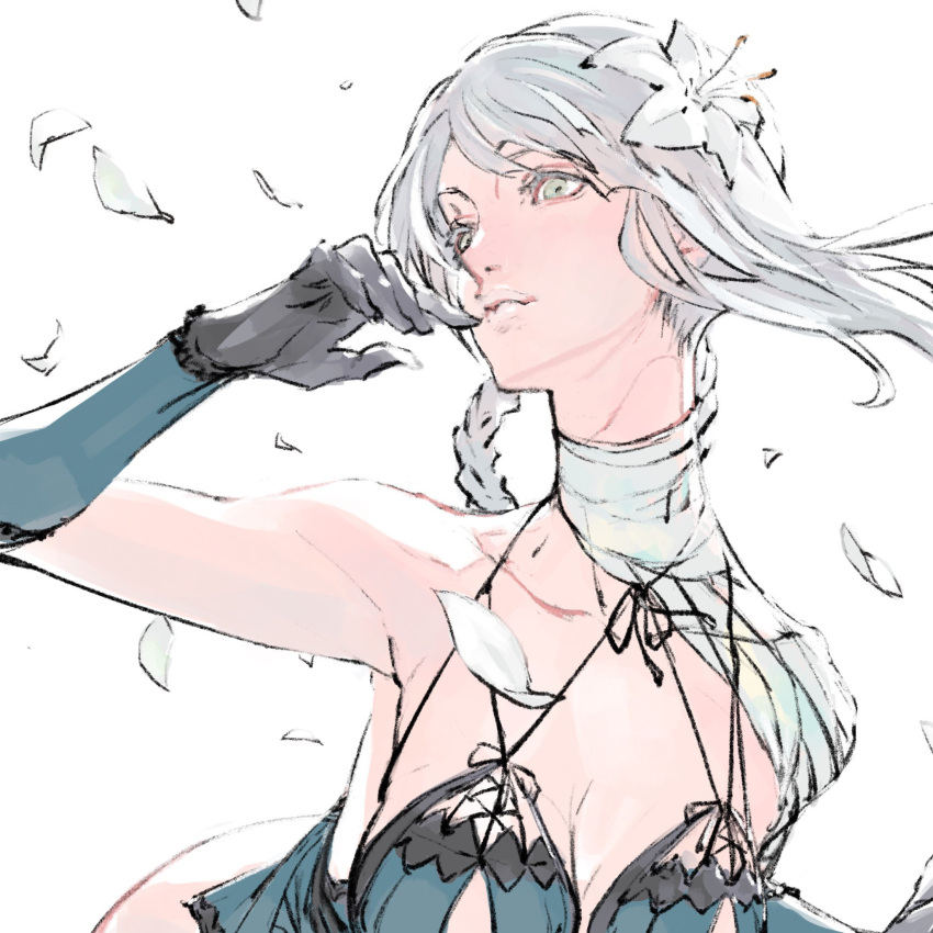 1girl, bandages, braid, breasts, collarbone, flower, gloves, hair_flower