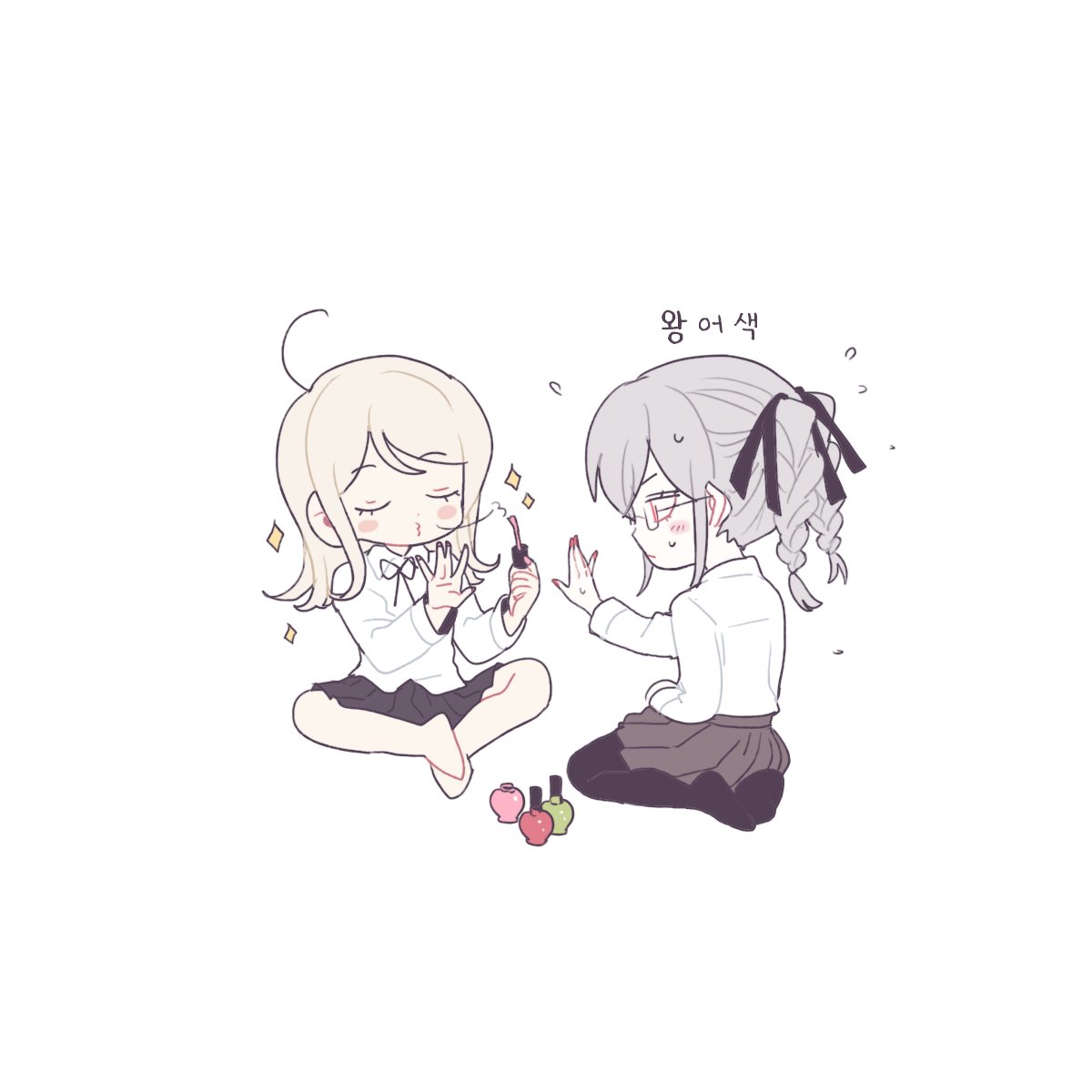 2girls, :3, ahoge, bangs, black_legwear, black_ribbon, blonde_hair, blush_stickers