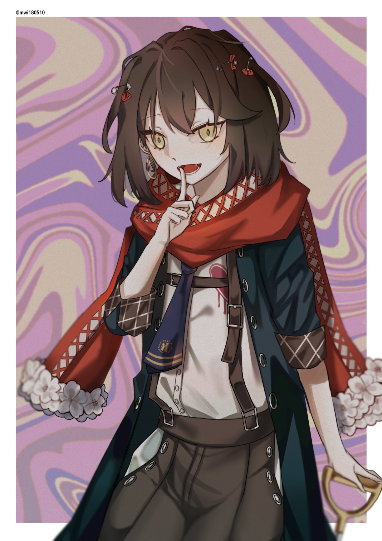 1girl, bangs, brown_hair, eyelashes, finger_to_mouth, hair_ornament, highres, long_sleeves