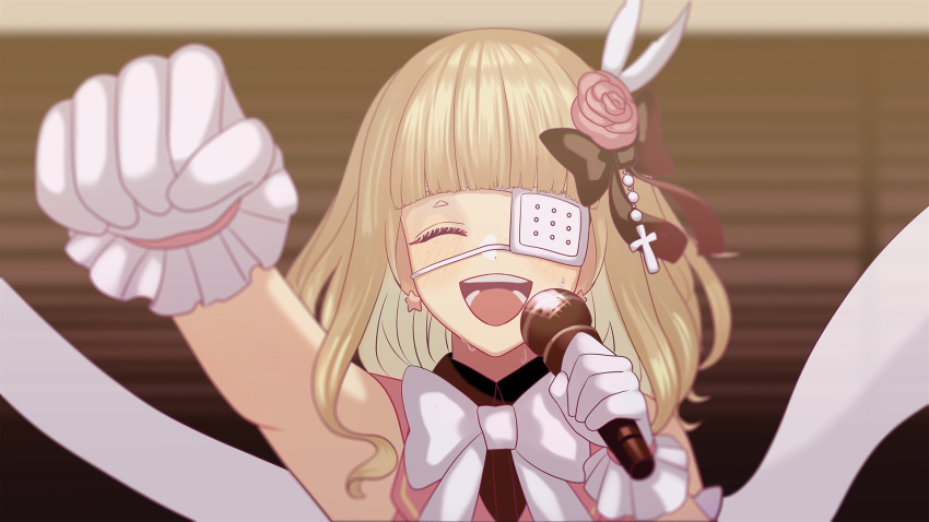 1girl, bangs, blonde_hair, blunt_bangs, bow, by_(an_by), closed_eyes, earrings