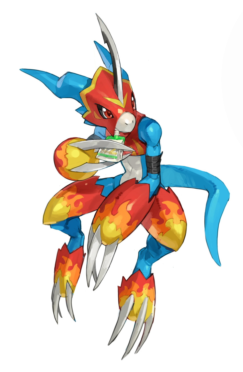 absurdres, armor, blue_skin, claws, colored_skin, digimon_(creature), drinking, fladramon