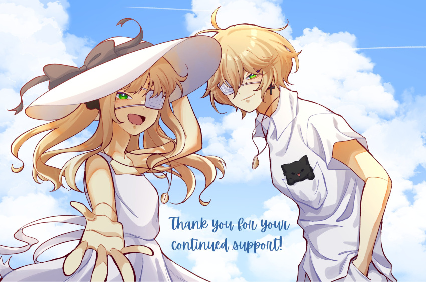 1boy, 1girl, artist_request, bangs, blonde_hair, blunt_bangs, cat, closed_mouth