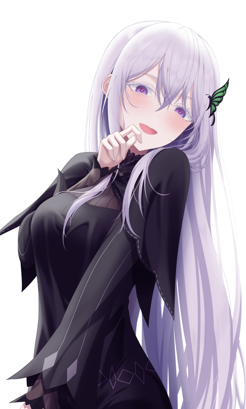 1girl, :d, absurdres, bangs, black_capelet, black_dress, blush, breasts