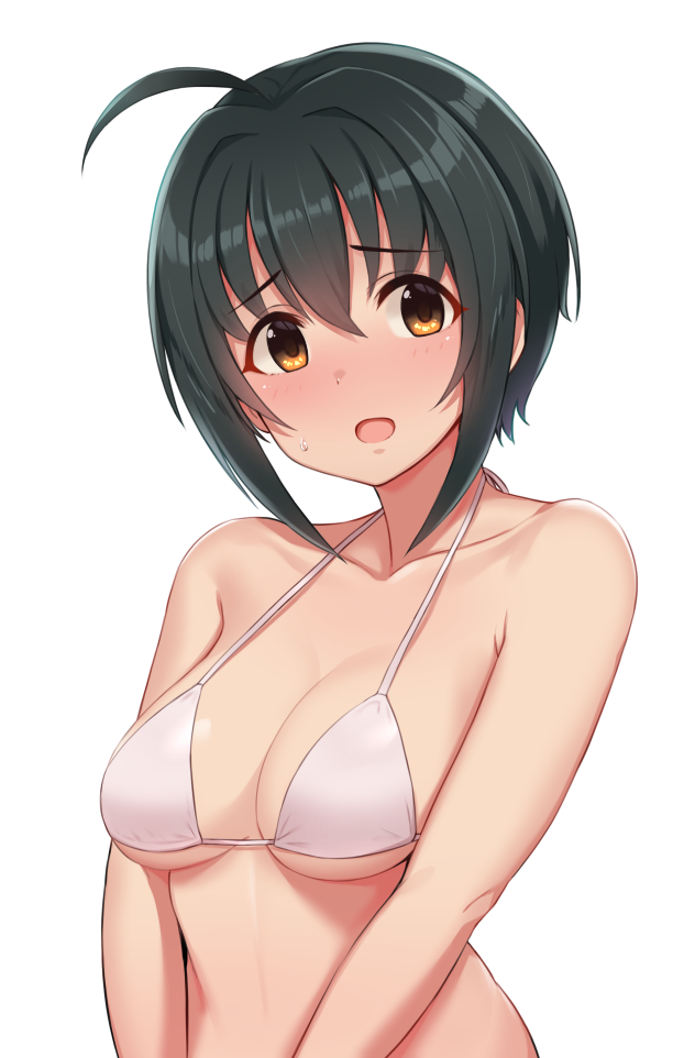 1girl, ahoge, bikini, bikini_top, black_hair, breasts, brown_eyes, collarbone, eyebrows_visible_through_hair, idolmaster, idolmaster_cinderella_girls, kohinata_miho, looking_at_viewer, medium_breasts, open_mouth, short_hair, simple_background, solo, sweatdrop, swimsuit, tomajiyama, upper_body, white_background, white_bikini