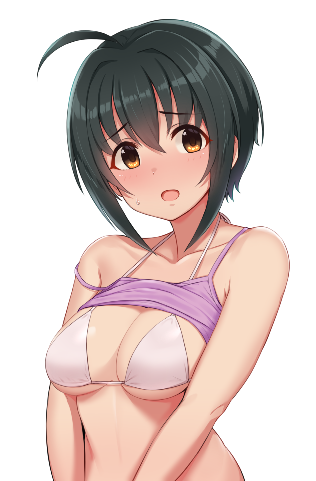 1girl, ahoge, bikini, bikini_top, black_hair, breasts, brown_eyes, collarbone