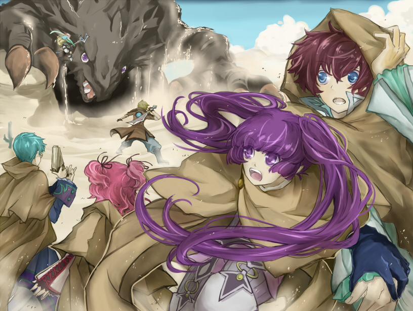 3girls, asbel_lhant, battle, blue_eyes, blue_hair, brown_hair, cheria_barnes, cloak