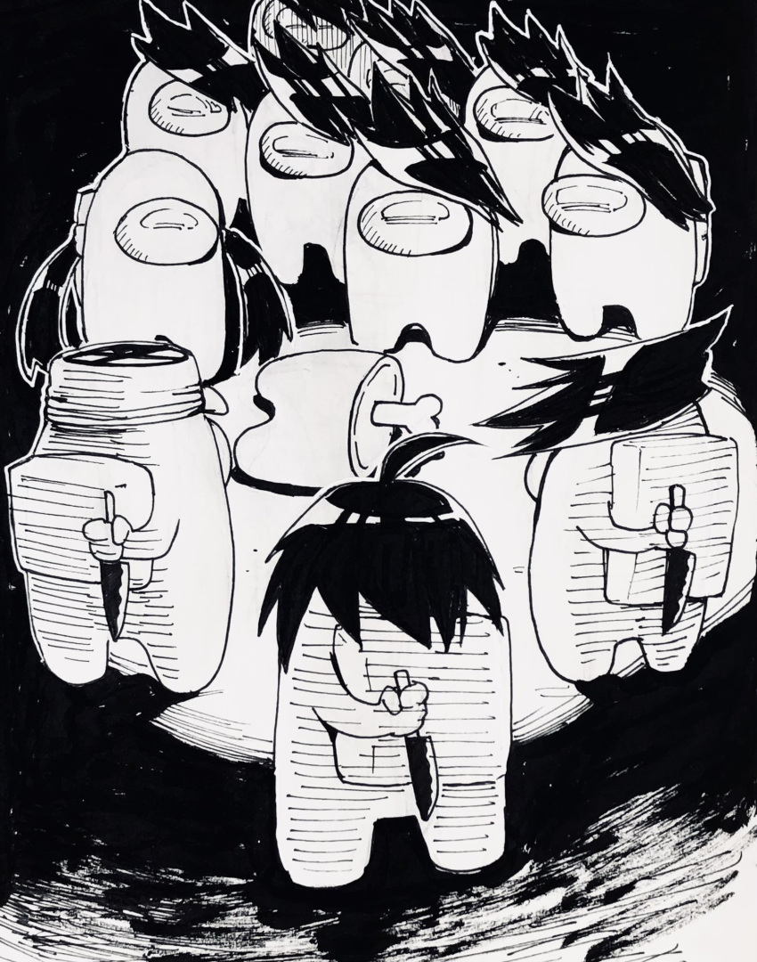 ahoge, among_us, arm_behind_back, backpack, bag, black_background, bone, commentary_request