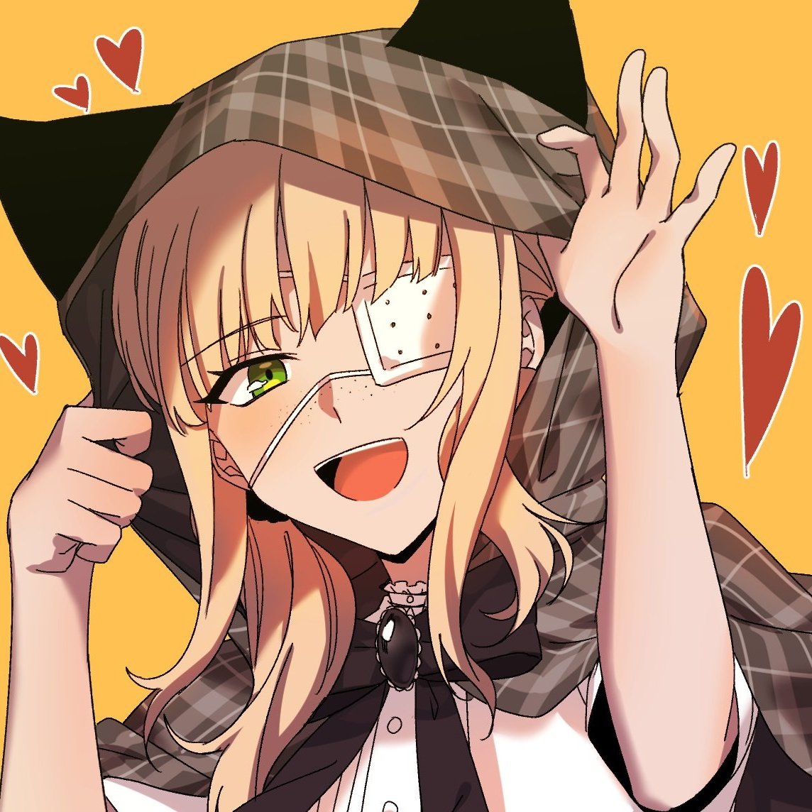 1girl, animal_ears, bangs, blonde_hair, blunt_bangs, eyebrows_visible_through_hair, eyepatch, fake_animal_ears, green_eyes, heart, indie_virtual_youtuber, looking_at_viewer, medical_eyepatch, open_mouth, rigu3di, second-party_source, shio_tatsumi, shirt, short_sleeves, solo, virtual_youtuber, white_shirt, yellow_background