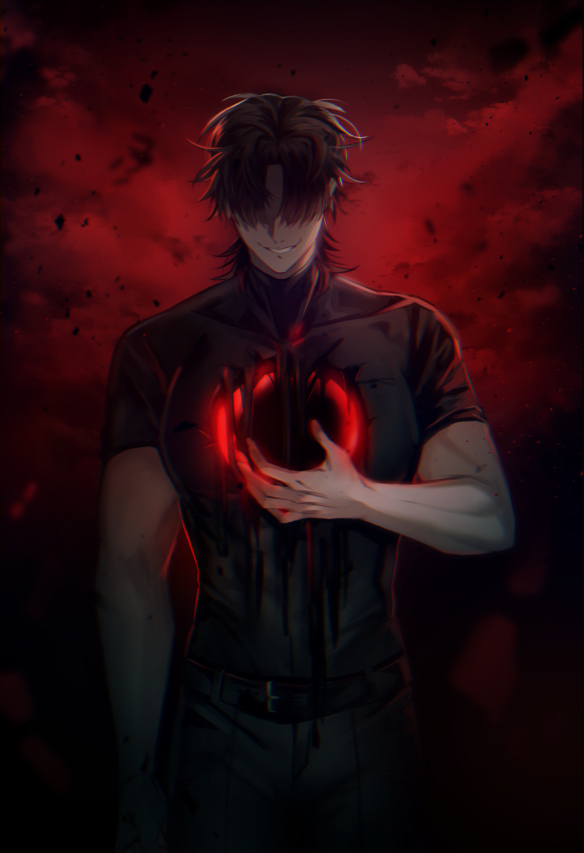 1boy, absurdres, aura, bangs, belt, black_hair, covered_eyes, evil_grin