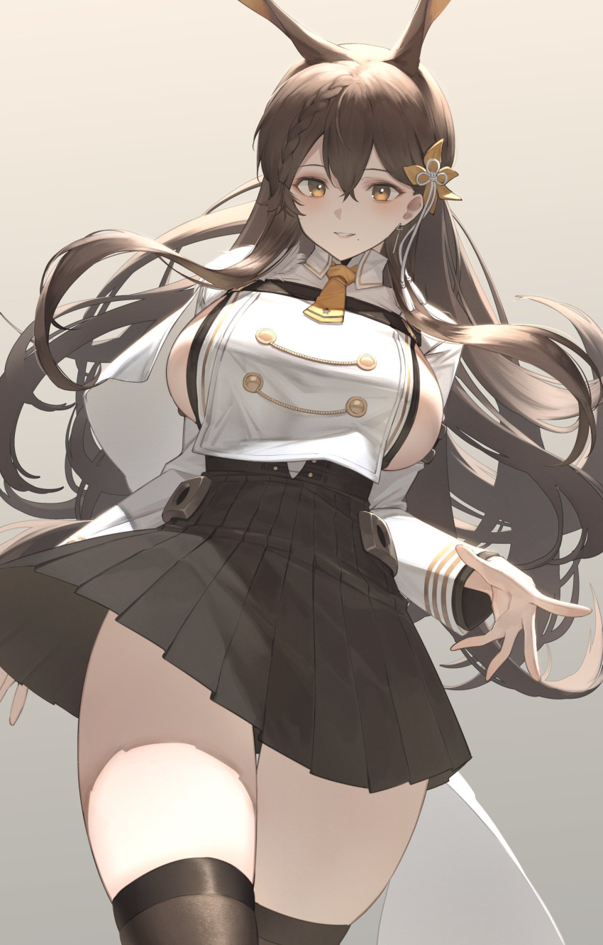 1girl, animal_ears, azur_lane, breasts, brown_hair, chikuma_(azur_lane), dress, highres
