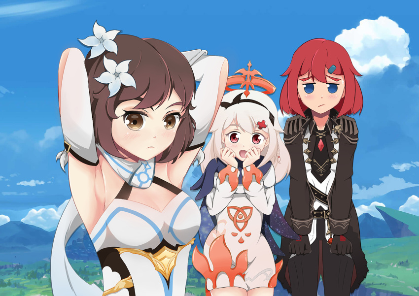 3girls, armpits, brown_hair, cosplay, diluc_(genshin_impact), genshin_impact, ha-be, hera_(handband_studios), hibi_(handband_studios), highres, lumine_(mega_man), multiple_girls, myrlia_(handband_studios), original, paimon_(genshin_impact), parody, redhead, silver_hair