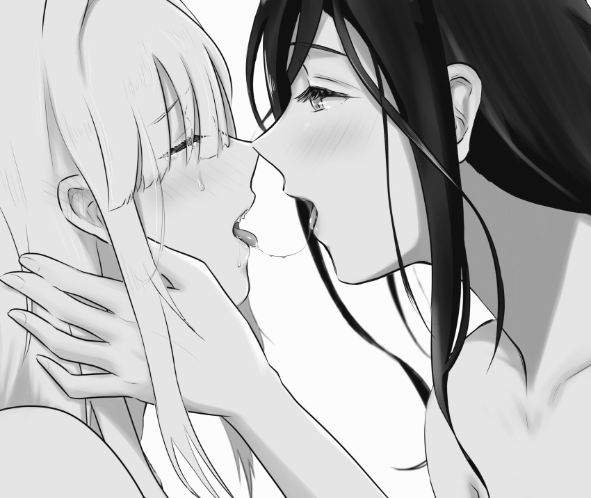 2girls, after_kiss, blush, closed_eyes, eyebrows_visible_through_hair, highres, looking_at_another, monochrome, multiple_girls, nijisanji, parted_lips, saliva, saliva_trail, sharp_teeth, shirayuki_tomoe, sukoya_kana, tchai_covsky, teeth, tongue, tongue_out, virtual_youtuber