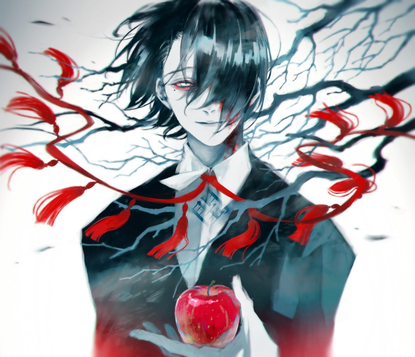 1boy, apple, bangs, black_hair, black_jacket, branch, closed_mouth, collared_shirt
