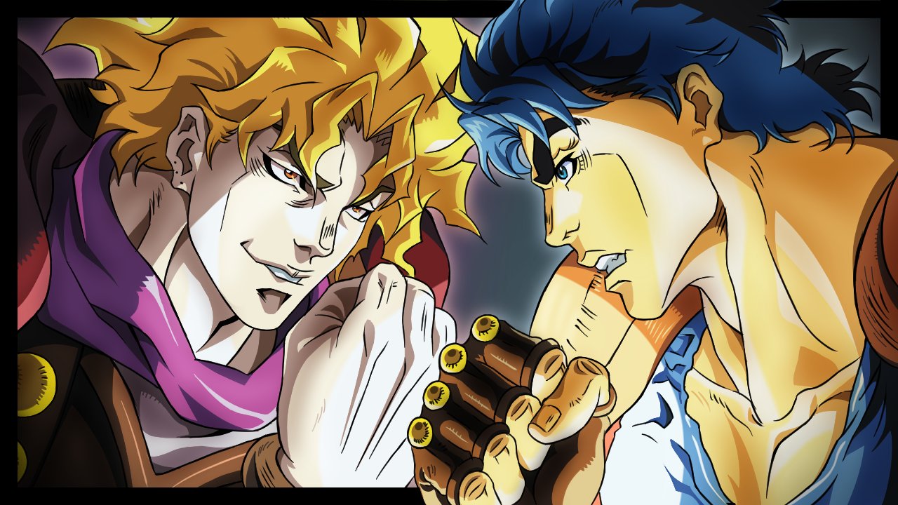 2boys, armor, black_border, blonde_hair, blue_eyes, blue_hair, blue_shirt, border