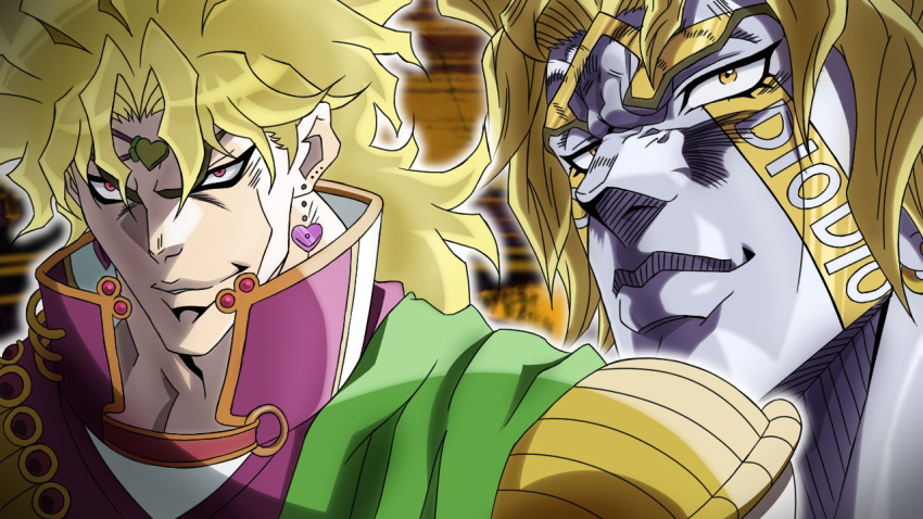 1boy, blonde_hair, closed_mouth, dio_brando, earrings, grandguerrilla, heart, heart_earrings, heaven_ascended_dio, high_collar, jewelry, jojo_no_kimyou_na_bouken, jojo_no_kimyou_na_bouken:_eyes_of_heaven, looking_at_viewer, multiple_views, parted_lips, projected_inset, red_eyes, sanpaku, smile, yellow_eyes