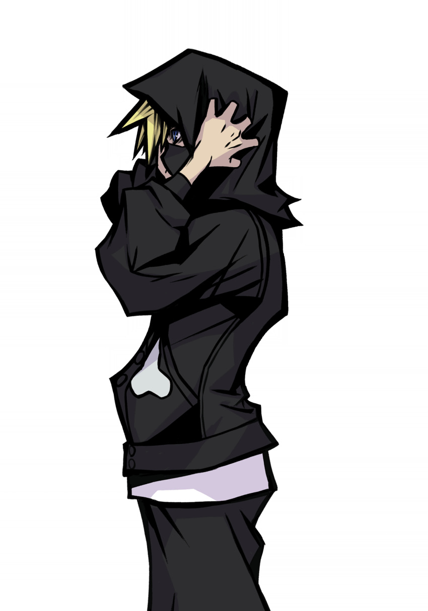 1boy, bangs, bitou_daisukenojou, black_hoodie, blonde_hair, blue_eyes, hand_on_ear, headphones