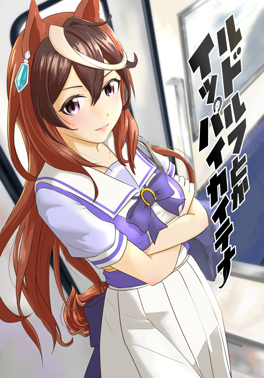 1girl, absurdres, animal_ears, arms_under_breasts, bag, bow, bowtie, brown_hair, cover, cover_page, cowboy_shot, crossed_arms, dutch_angle, earrings, hair_between_eyes, highres, horse-tail, horse_ears, horse_girl, horseshoe_ornament, huge_filesize, jewelry, multicolored_hair, ogasawaragame, puffy_short_sleeves, puffy_sleeves, purple_bow, purple_neckwear, purple_shirt, sailor_collar, sailor_shirt, sample, school_bag, school_uniform, shirt, short_sleeves, sidelocks, single_earring, skirt, solo, streaked_hair, summer_uniform, symboli_rudolf_(umamusume), tracen_school_uniform, train_interior, umamusume, violet_eyes, when_you_see_it, white_hair, white_skirt