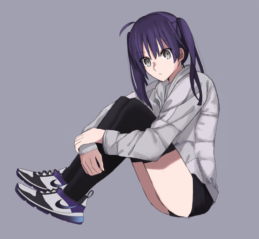 1girl, ahoge, black_legwear, black_shorts, grey_background, grey_eyes, grey_footwear, highres