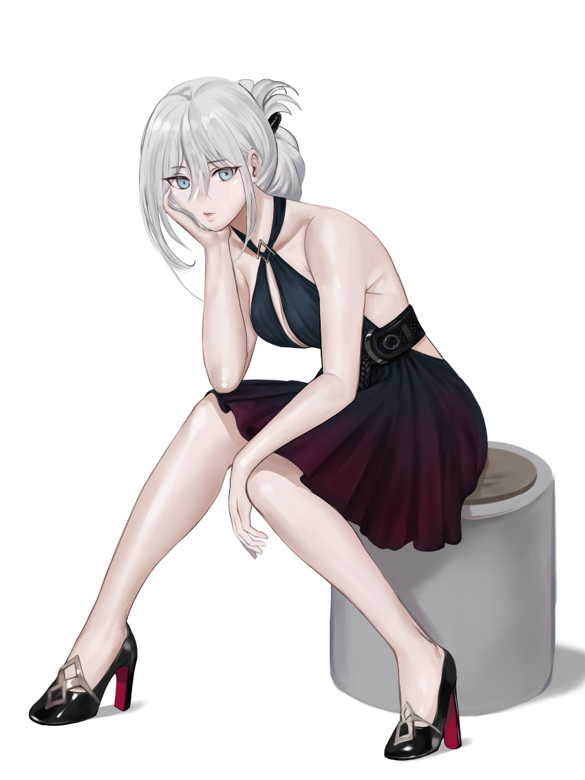 1girl, absurdres, an-94_(girls'_frontline), bare_shoulders, belt, black_dress, black_footwear, blue_eyes