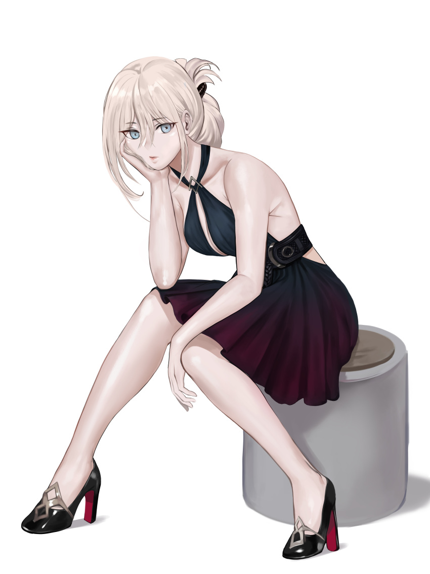 1girl, absurdres, an-94_(girls'_frontline), bare_shoulders, belt, black_dress, black_footwear, blonde_hair