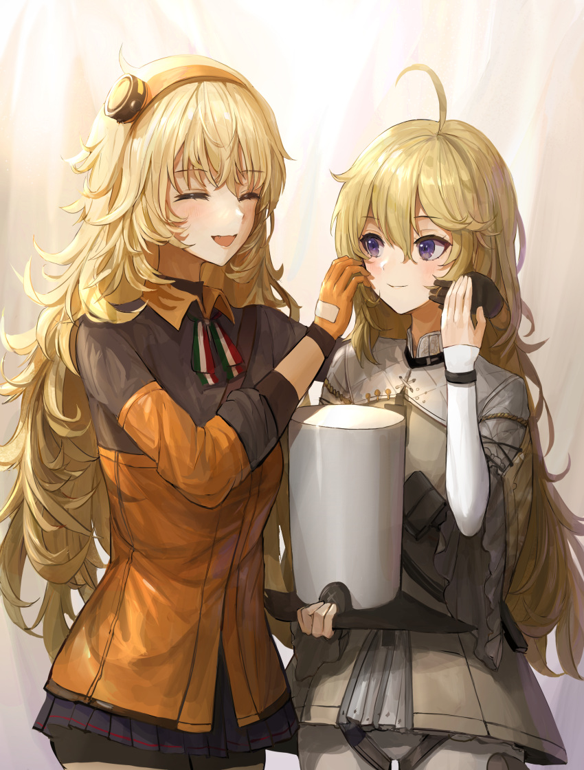 2girls, absurdres, ahoge, black_jacket, black_skirt, blonde_hair, blush, breasts