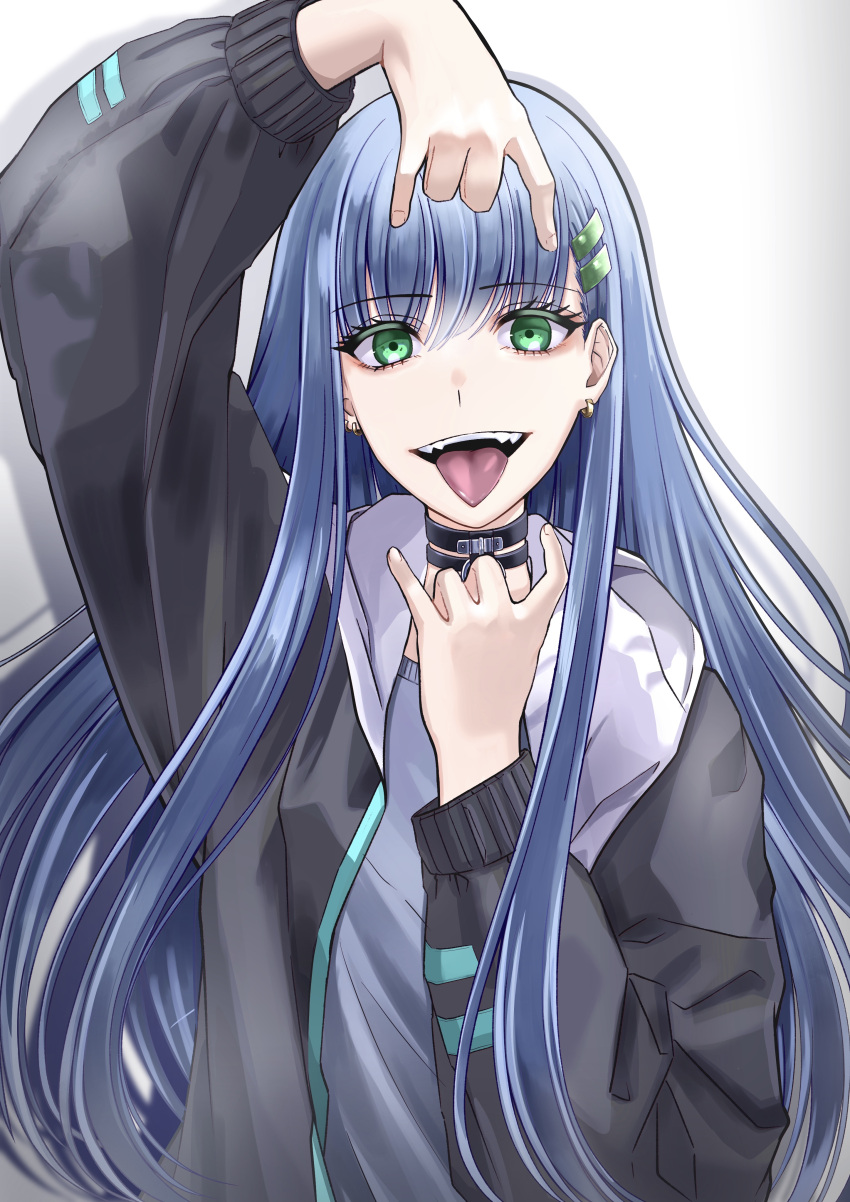 1girl, absurdres, black_choker, black_jacket, blue_hair, choker, earrings, eye_piercing, eyebrows_visible_through_hair, fangs, fangs_out, green_eyes, hair_ornament, hairclip, highres, jacket, jewelry, long_hair, looking_at_viewer, open_clothes, open_jacket, open_mouth, original, solo, sorayan_03, tongue, tongue_out, white_background