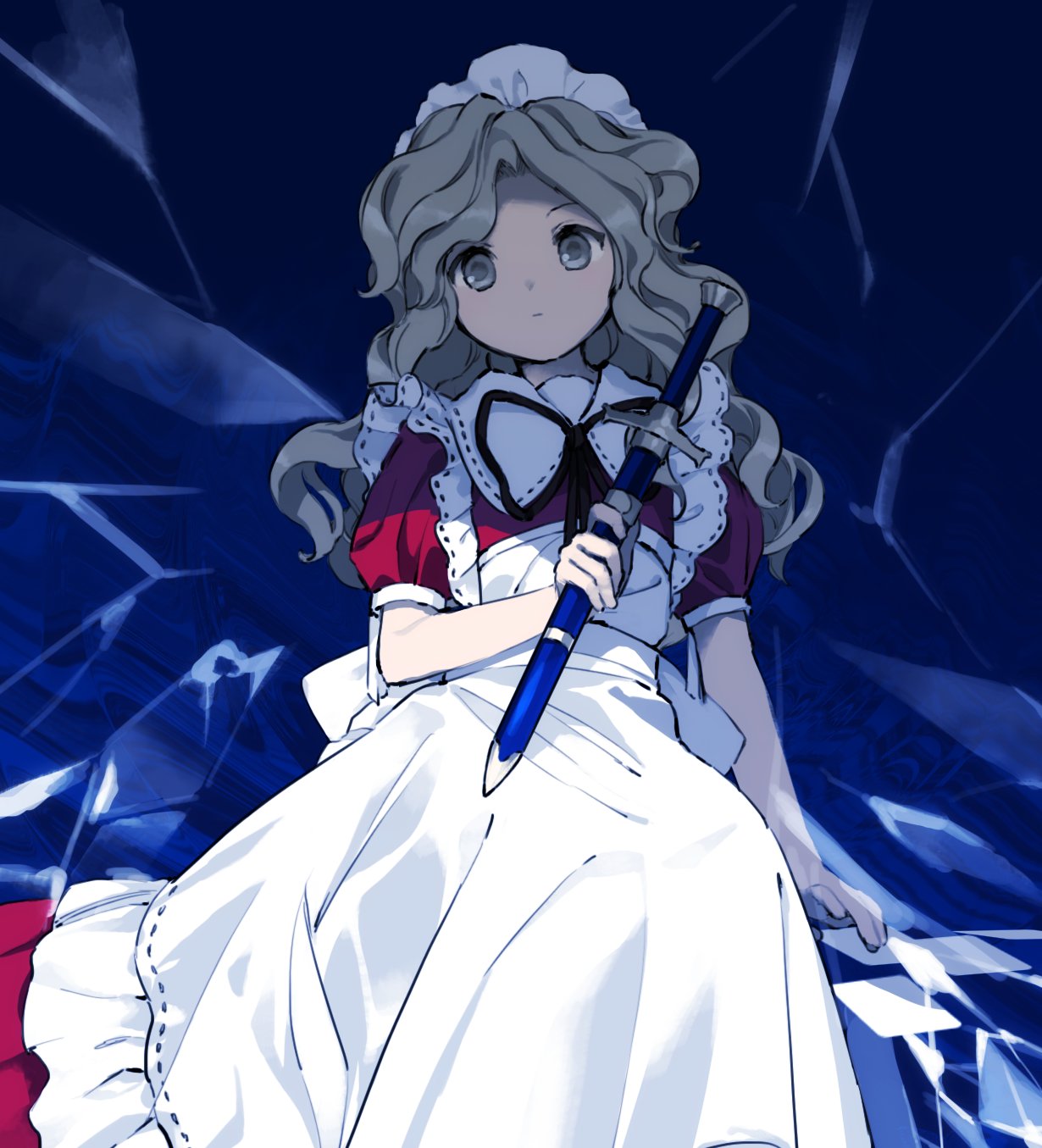 1girl, apron, bangs, black_neckwear, black_ribbon, blonde_hair, blue_background, collared_shirt
