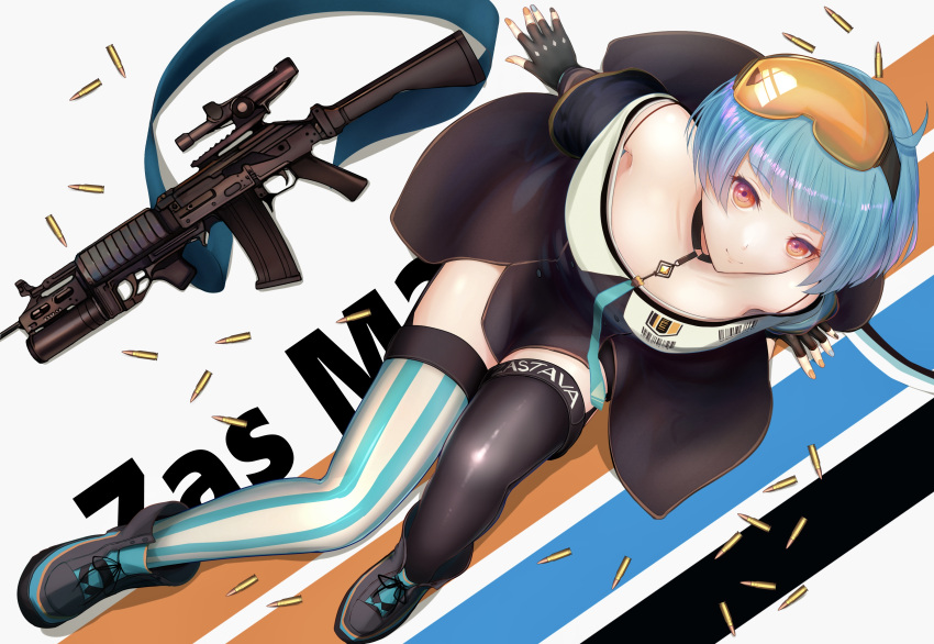 1girl, absurdres, assault_rifle, bare_shoulders, black_footwear, black_gloves, black_legwear, blue_hair