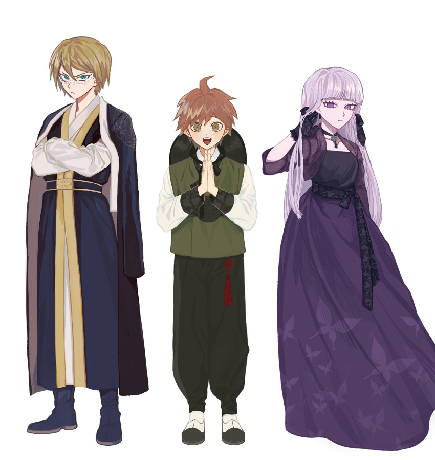 1girl, 2boys, :d, ahoge, alternate_costume, alternate_hair_ornament, animal_print, bangs