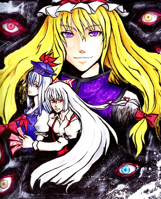 3girls, fujiwara_no_mokou, kamishirasawa_keine, ofuda, smile, take_(pixiv), touhou, traditional_media